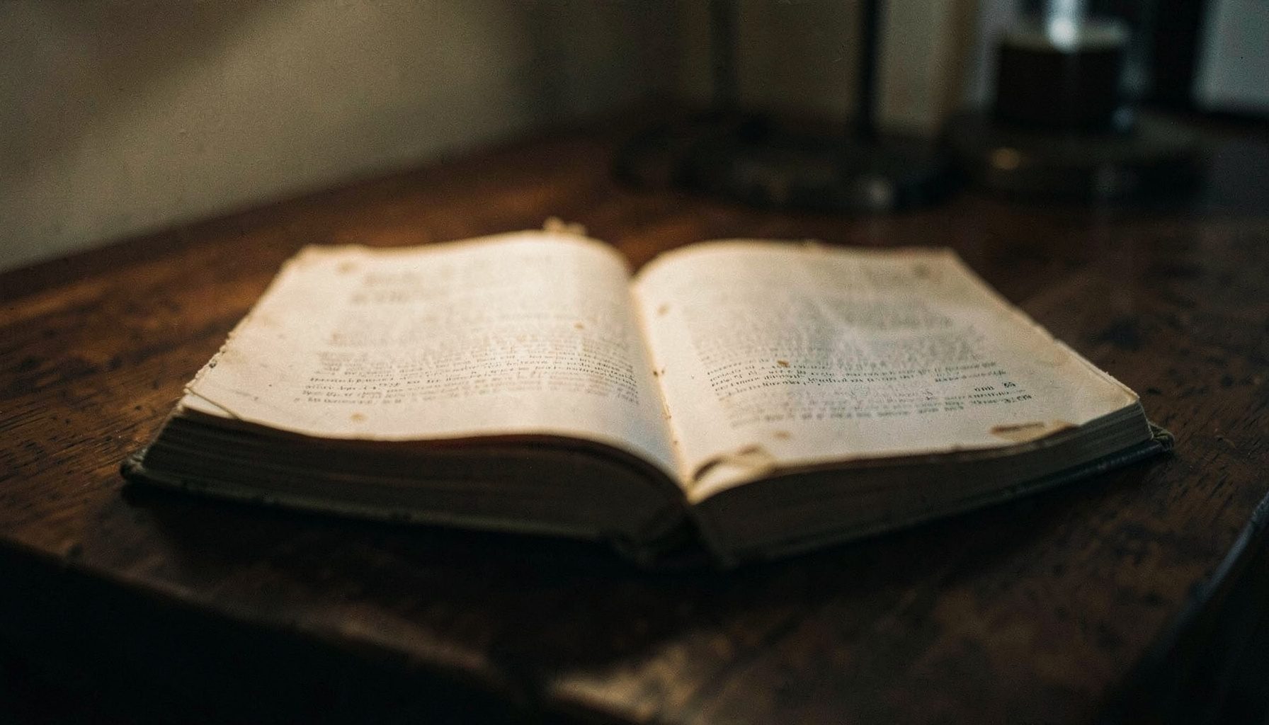 A worn hardcover book resting open on a dark wooden table, lit by a single warm lamp, moody and quiet atmosphere